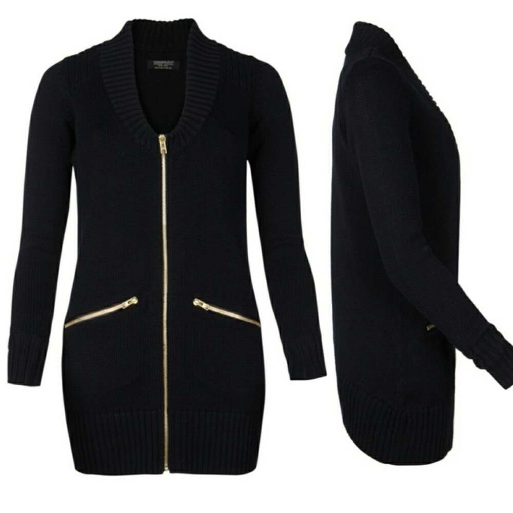 All Saints Navy Contrast Long Zip Knit Cardigan Size 8 100% Cotton